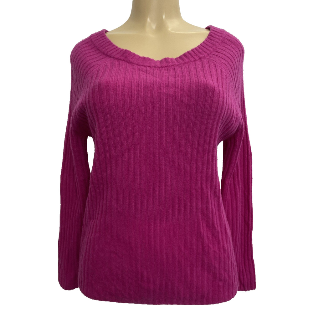 NWT Amicale Cashmere Sweater Pullover Ribbed Knit Fuchsia Purple Round Neck M